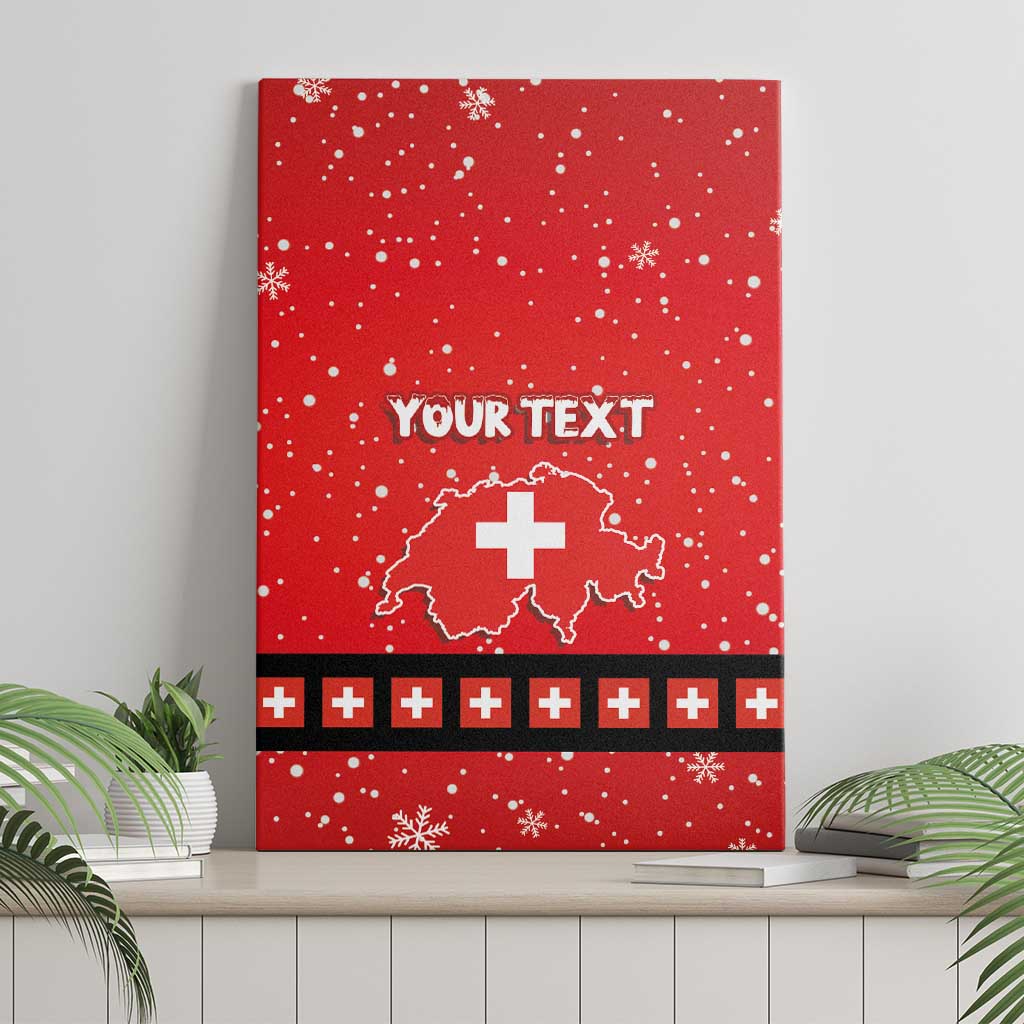 Red canvas wall art with YOUR TEXT, Switzerland outline with cross, stripe of small crosses.