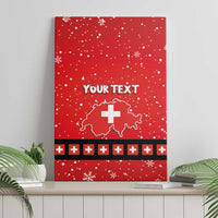 Red canvas wall art with YOUR TEXT, Switzerland outline with cross, stripe of small crosses.