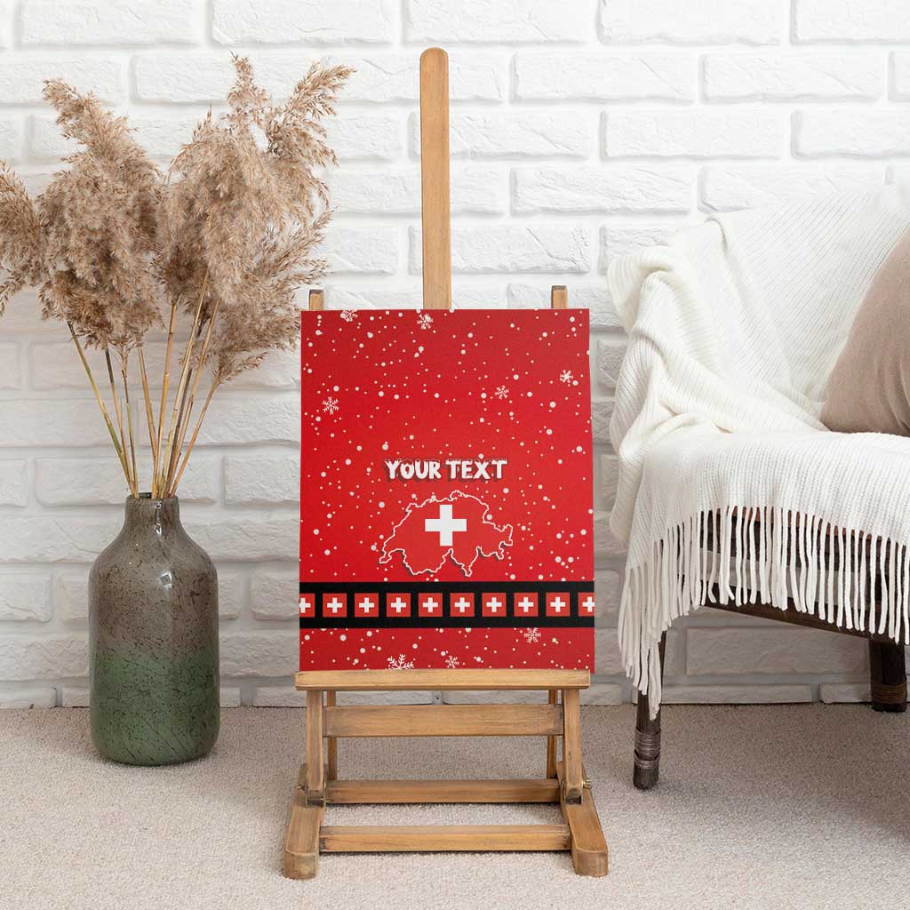 Red Swiss Christmas canvas wall art standing on wood easel, YOUR TEXT, Switzerland cross outline.