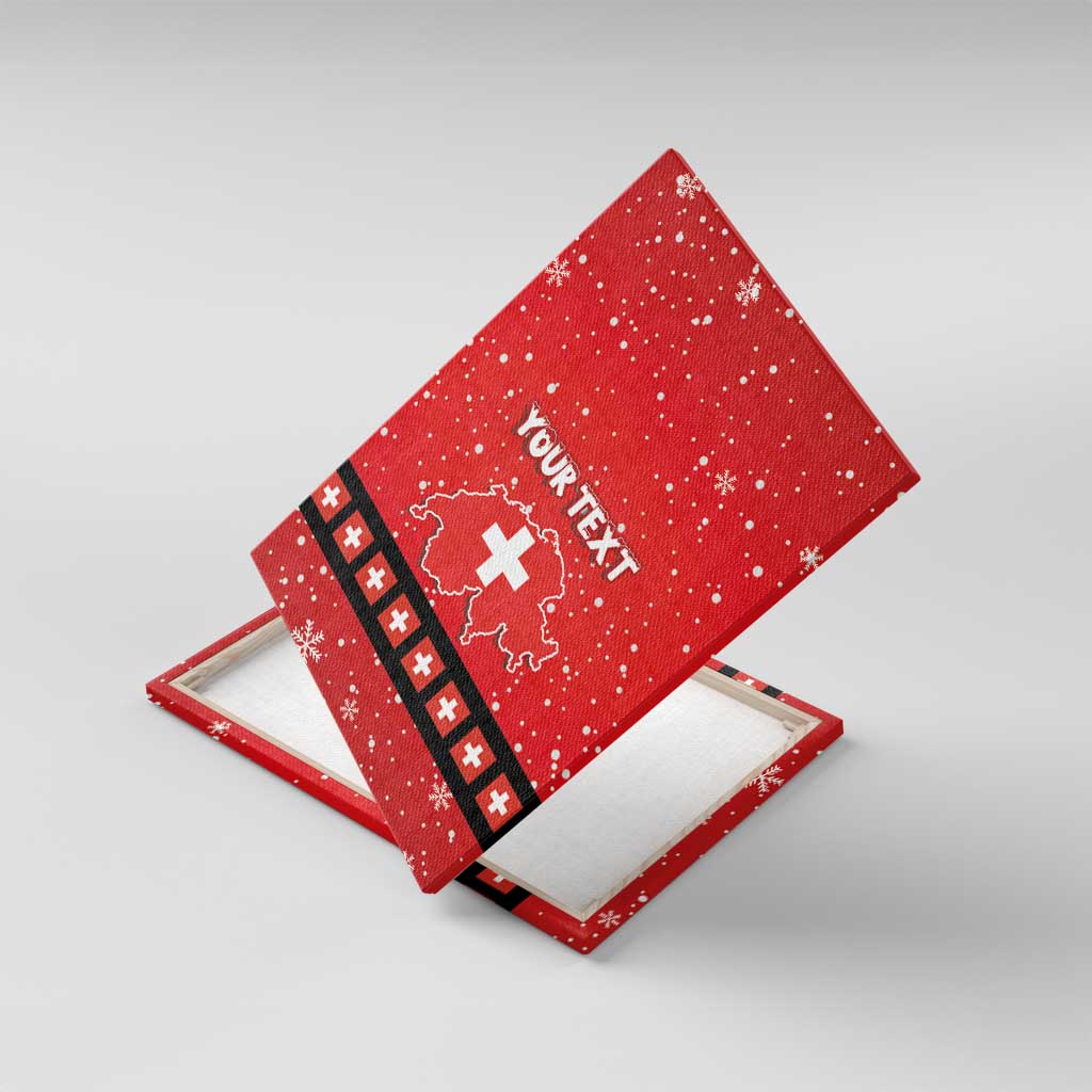 Red Swiss Christmas canvas wall art angled on another canvas, YOUR TEXT, Switzerland cross map.