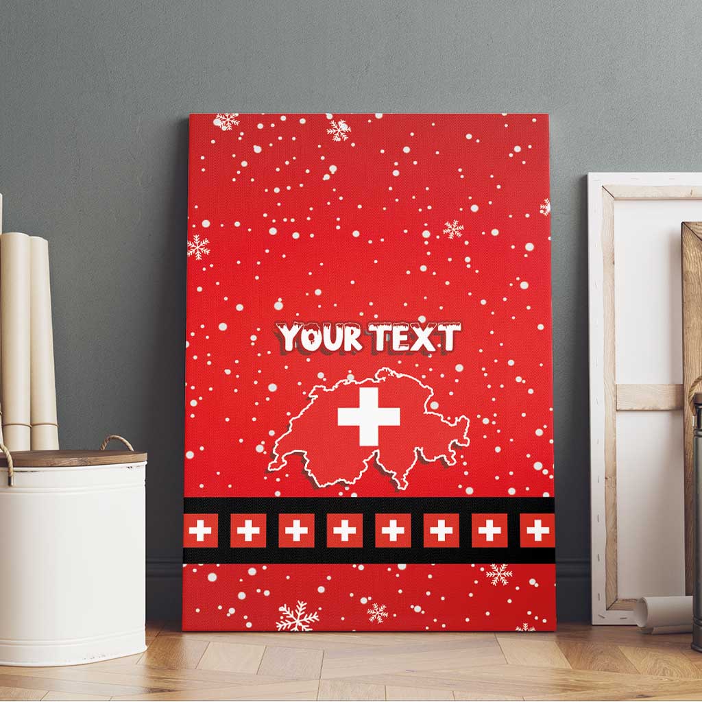 Red Swiss Christmas canvas wall art on wooden floor, YOUR TEXT, Switzerland outline and cross belt.