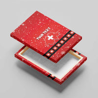 Red Swiss Christmas canvas on wood base, YOUR TEXT, Switzerland cross and stripes.