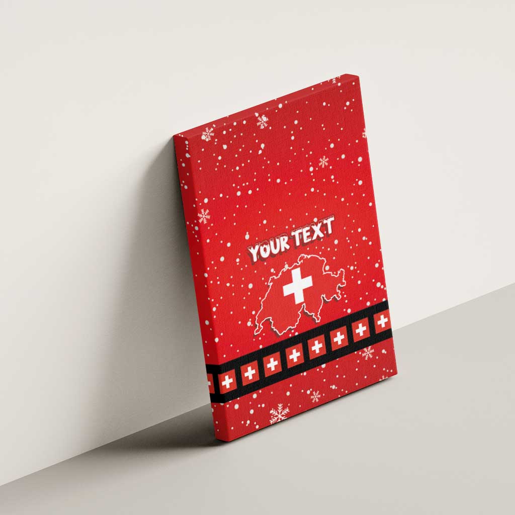 Red Swiss Christmas canvas wall art tilted on wall, YOUR TEXT, Switzerland cross and cross stripe.