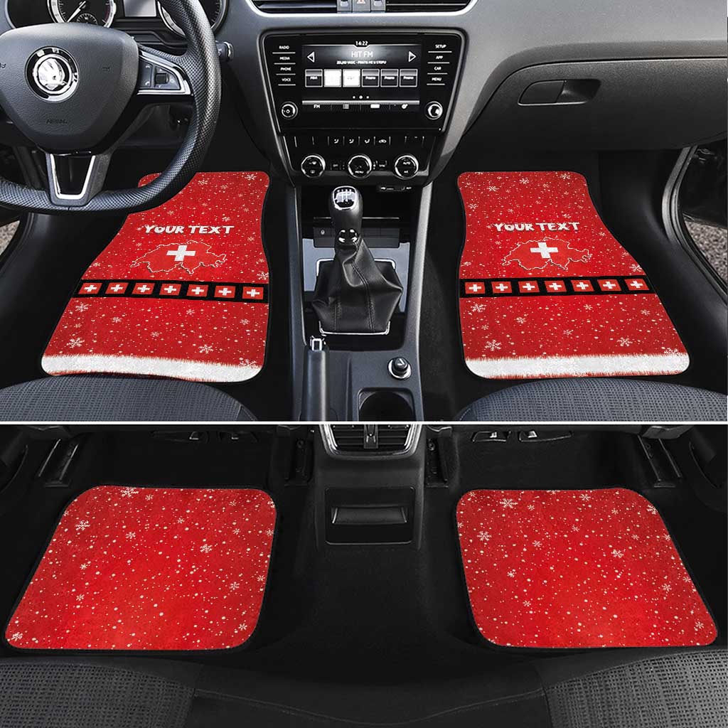 Red holiday car floor mats with Swiss crosses, snowflakes, and personalized text, set of four