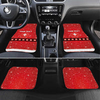 Red holiday car floor mats with Swiss crosses, snowflakes, and personalized text, set of four