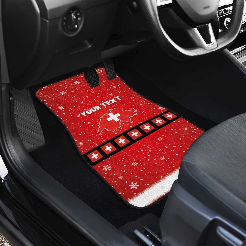 Red front car floor mat with Swiss cross stripe border, snowflakes, and 'YOUR TEXT'