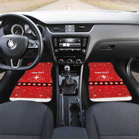 Red front car floor mats with snowflake design, Swiss cross stripe band, and 'YOUR TEXT'