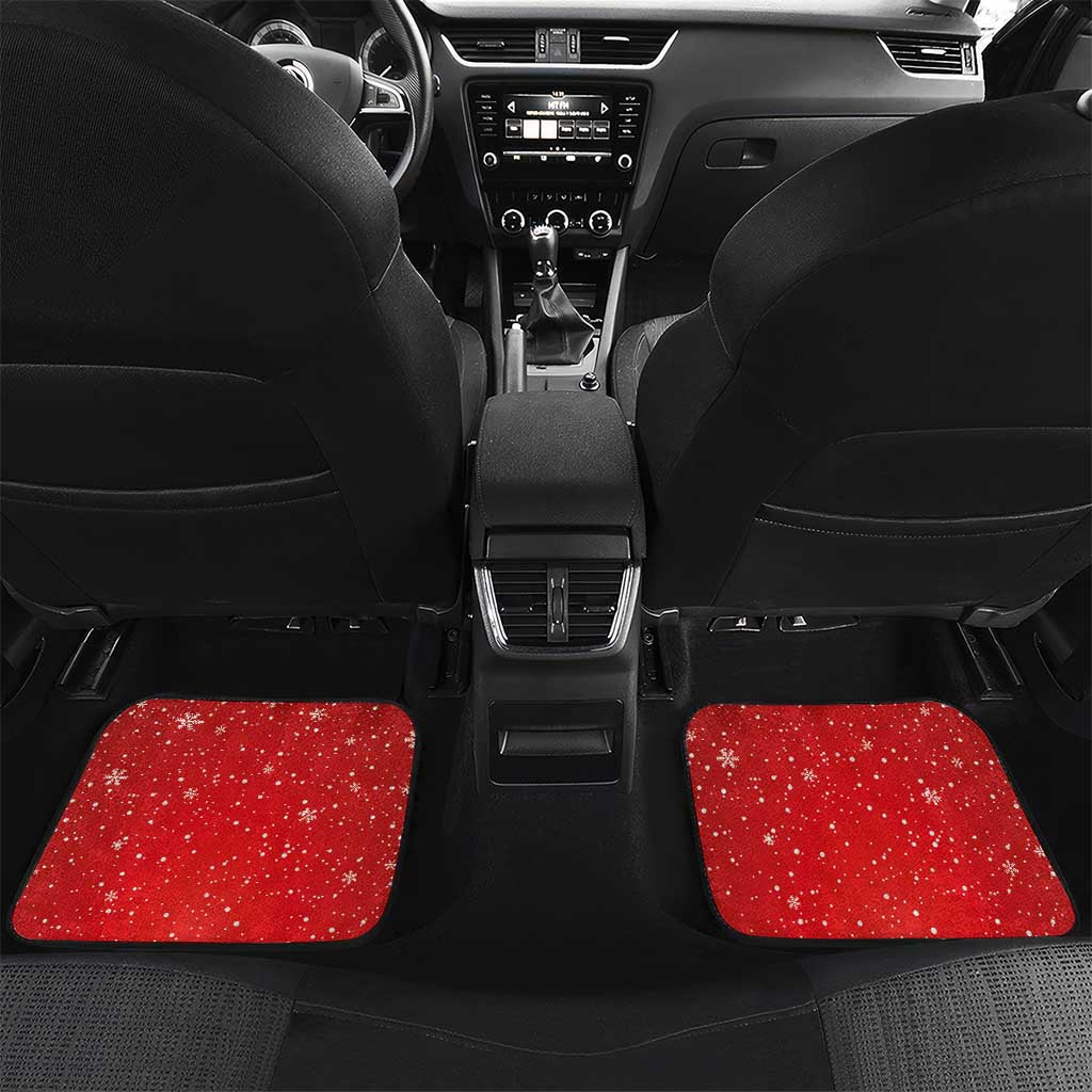 Two red rear car floor mats with snowflakes and Swiss cross stripe, 'YOUR TEXT' style