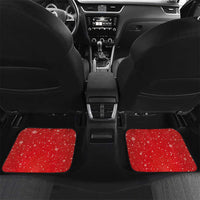 Two red rear car floor mats with snowflakes and Swiss cross stripe, 'YOUR TEXT' style
