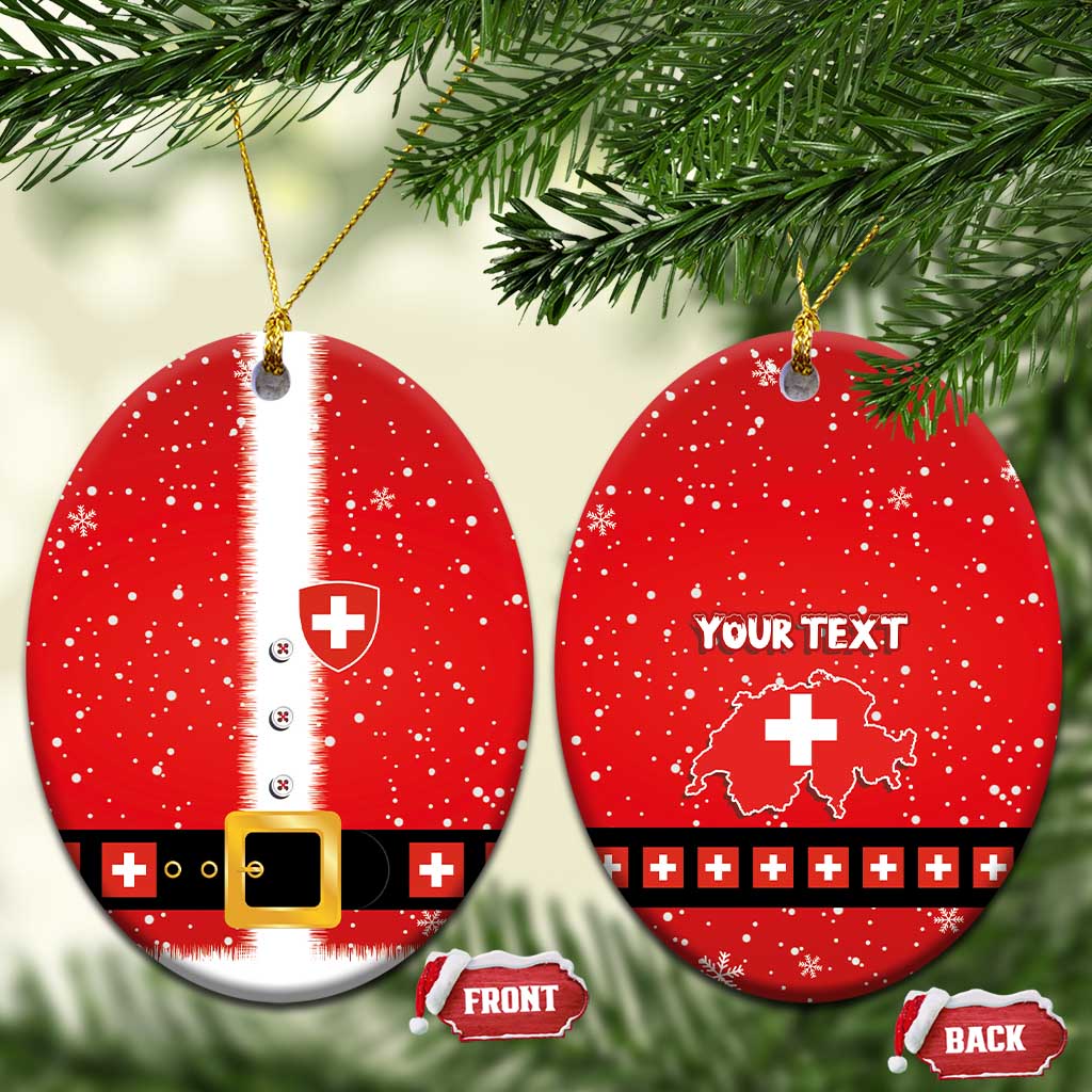 Two red round ceramic ornaments with Swiss Santa suit and your text, gold strings