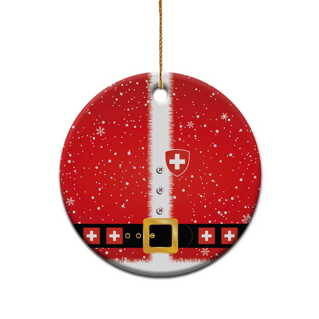 Red round ceramic ornament with Swiss cross Santa suit design and gold string
