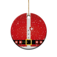 Red round ceramic ornament with Swiss cross Santa suit design and gold string