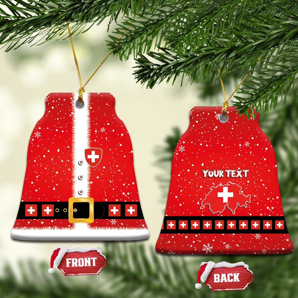 Two red ceramic ornaments: bell-shaped Santa suit front and back with your text