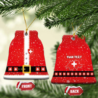 Two red ceramic ornaments: bell-shaped Santa suit front and back with your text