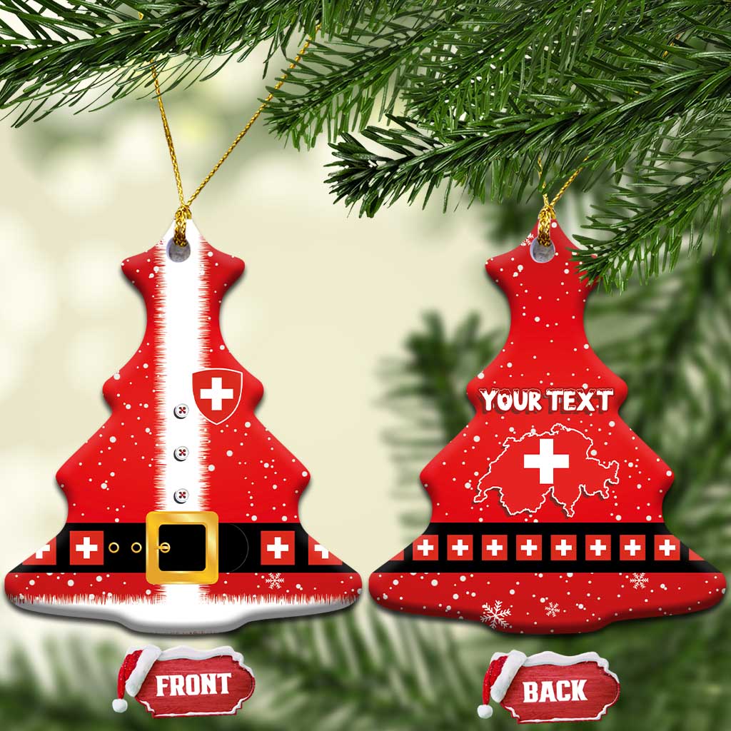 Two red ceramic bell-shaped ornaments with Swiss cross and your text, gold strings