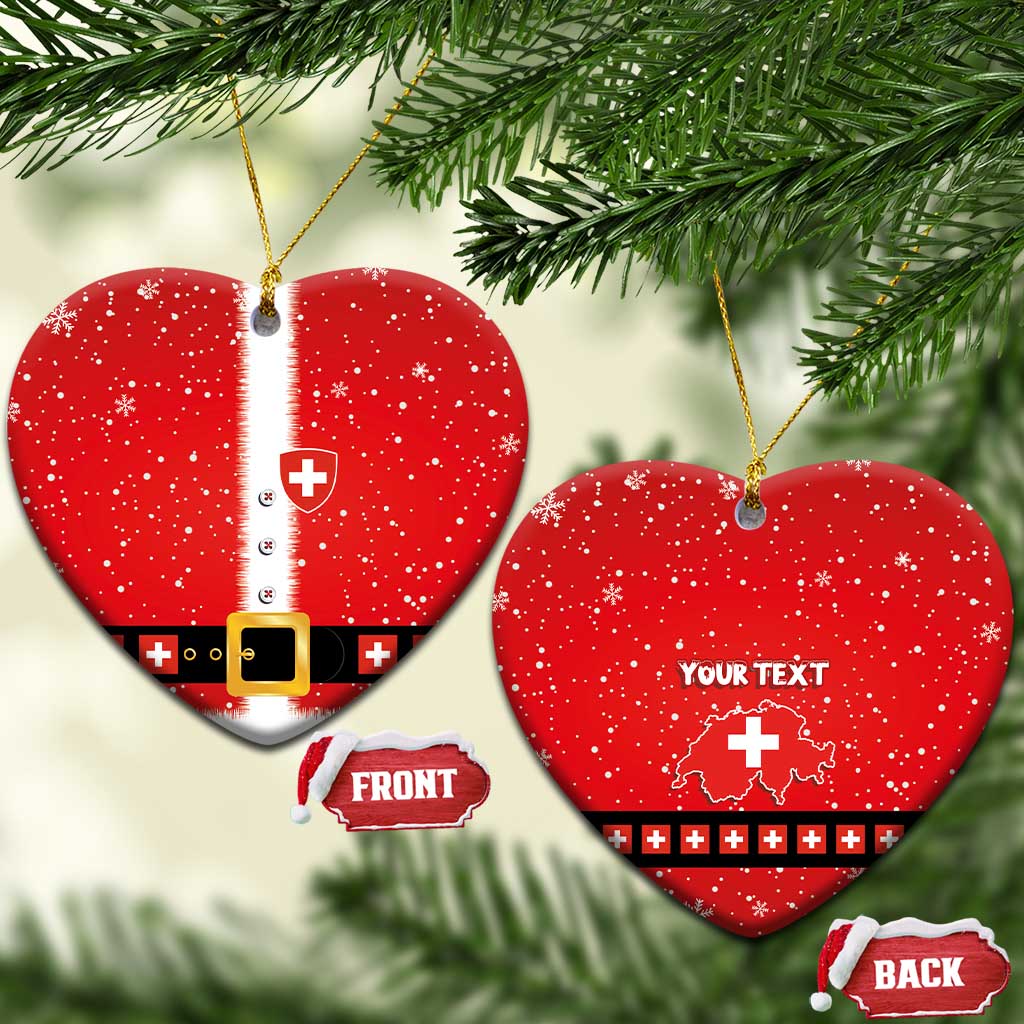Two red heart-shaped ceramic ornaments: Santa suit front and your text back