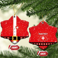 Two red ceramic ornaments: bell-shaped Santa suit and heart with your text, gold strings