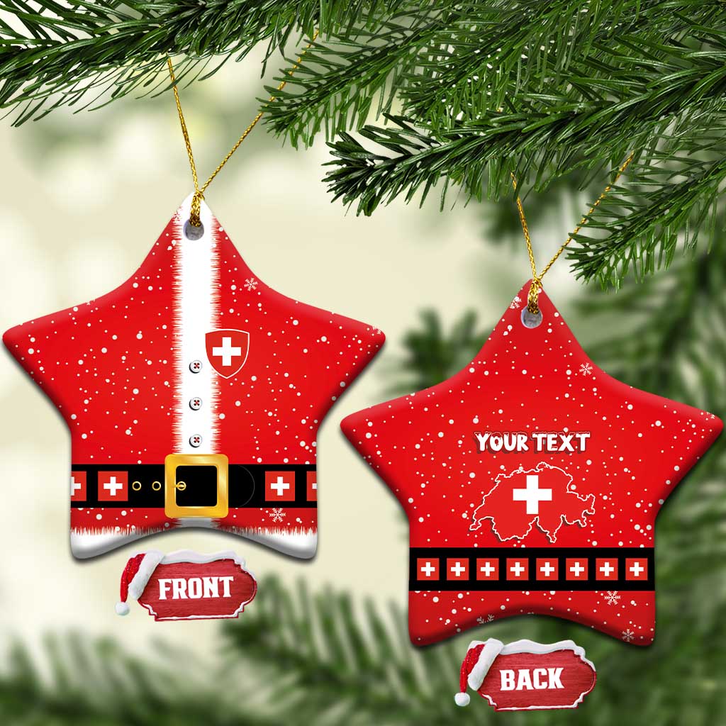 Two red ceramic star-shaped ornaments with Swiss cross and your text, gold strings