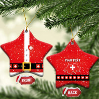 Two red ceramic star-shaped ornaments with Swiss cross and your text, gold strings