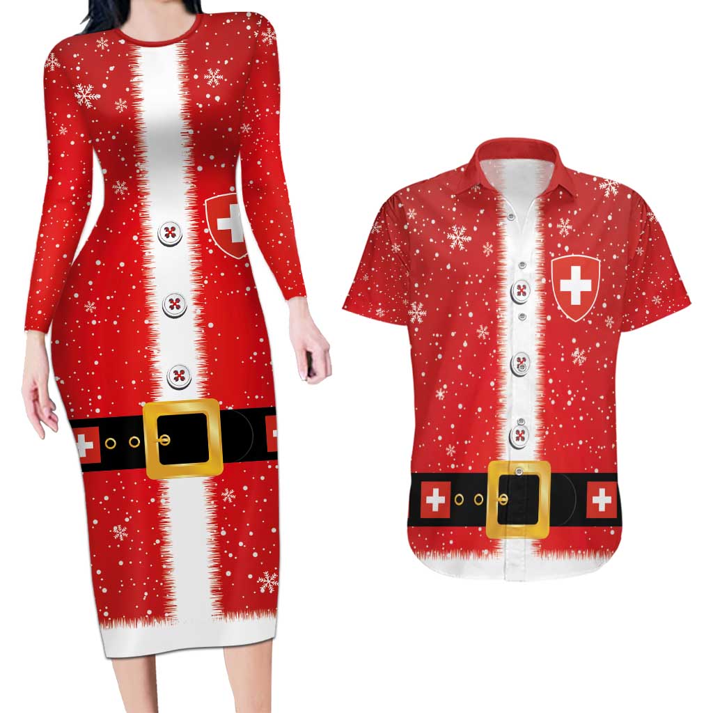 Personalized Swiss Christmas - Designed in Santa Suit Couples Matching Long Sleeve Bodycon Dress and Hawaiian Shirt - Wonder Print Shop