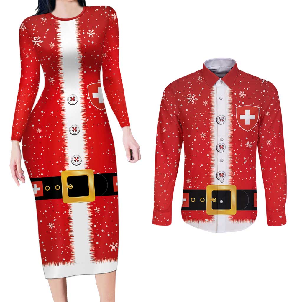 Personalized Swiss Christmas - Designed in Santa Suit Couples Matching Long Sleeve Bodycon Dress and Long Sleeve Button Shirt - Wonder Print Shop