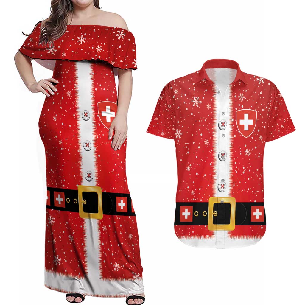 Personalized Swiss Christmas - Designed in Santa Suit Couples Matching Off Shoulder Maxi Dress and Hawaiian Shirt - Wonder Print Shop