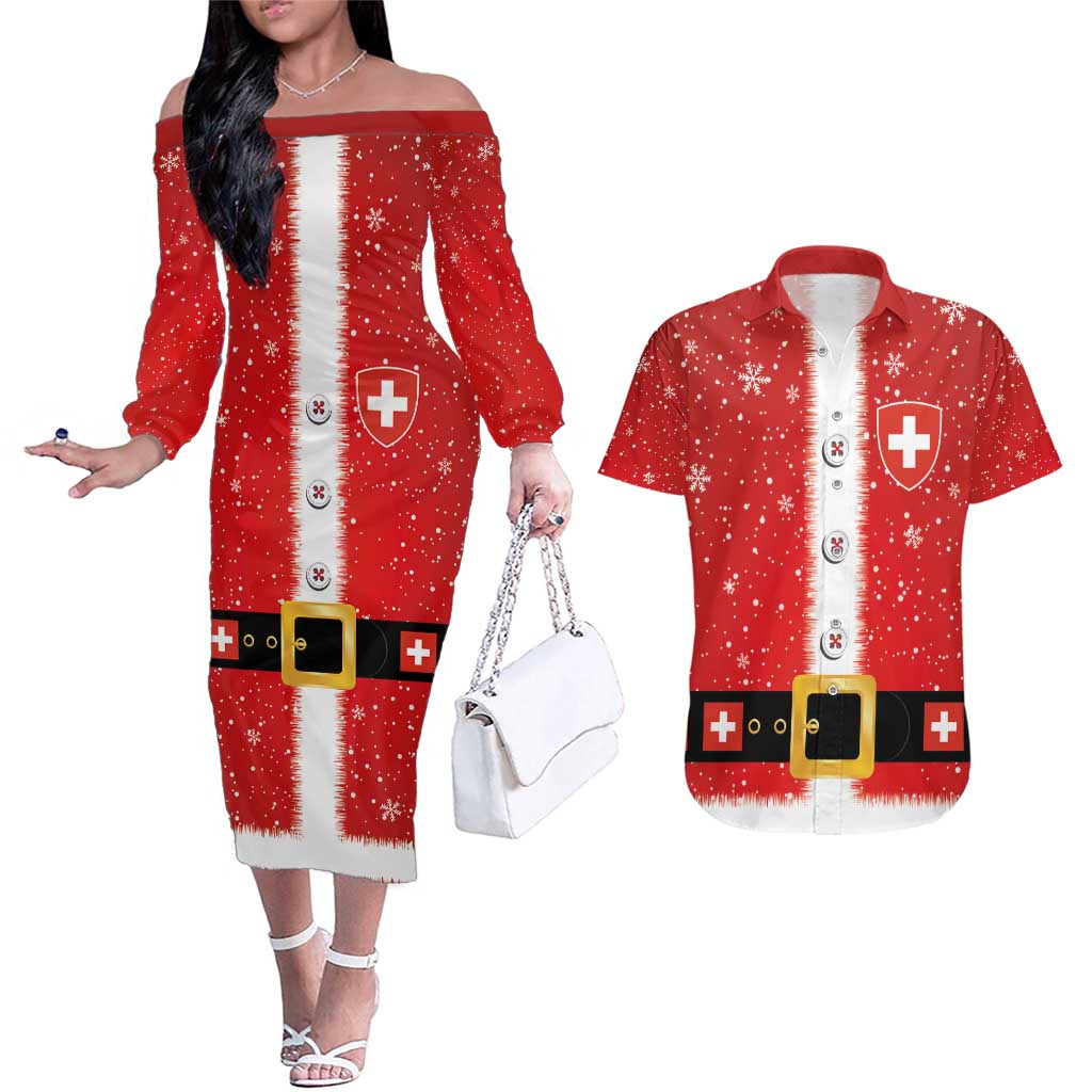 Personalized Swiss Christmas - Designed in Santa Suit Couples Matching Off The Shoulder Long Sleeve Dress and Hawaiian Shirt - Wonder Print Shop