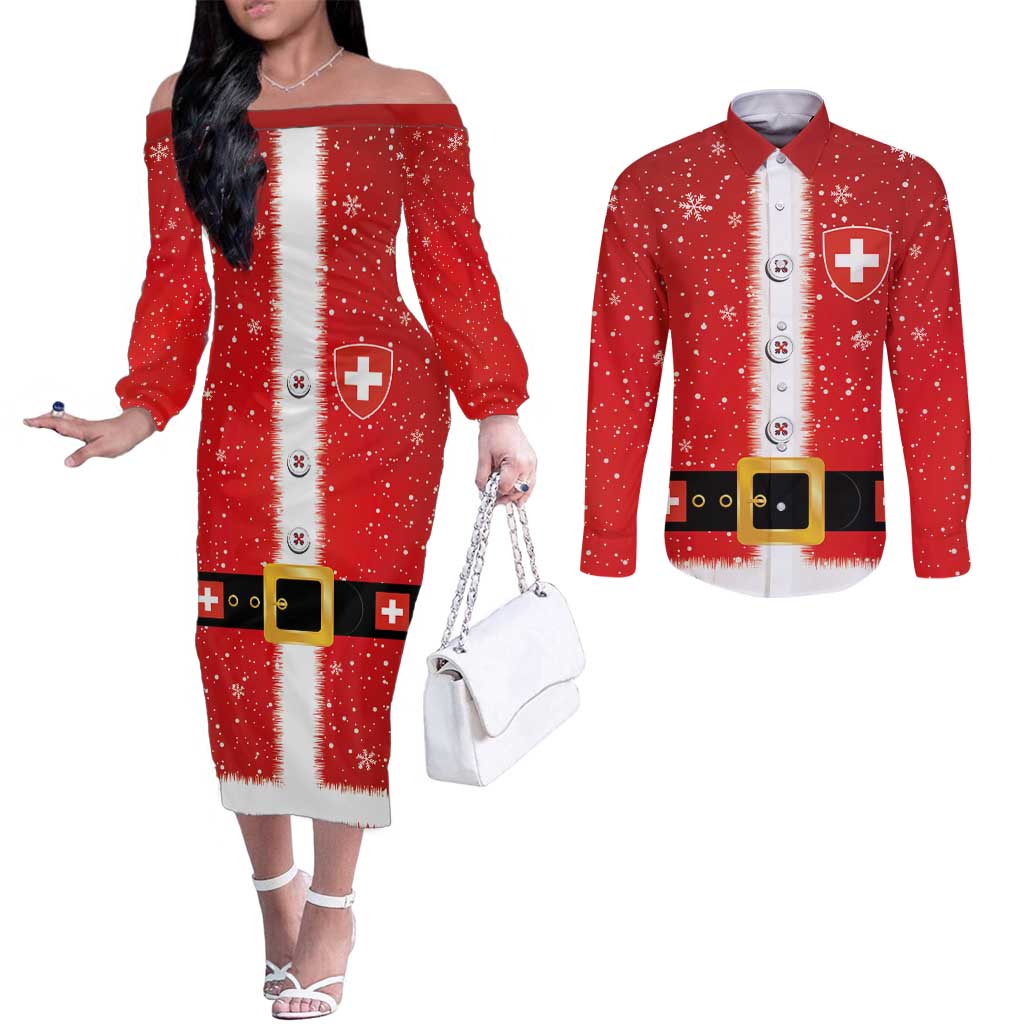 Personalized Swiss Christmas - Designed in Santa Suit Couples Matching Off The Shoulder Long Sleeve Dress and Long Sleeve Button Shirt