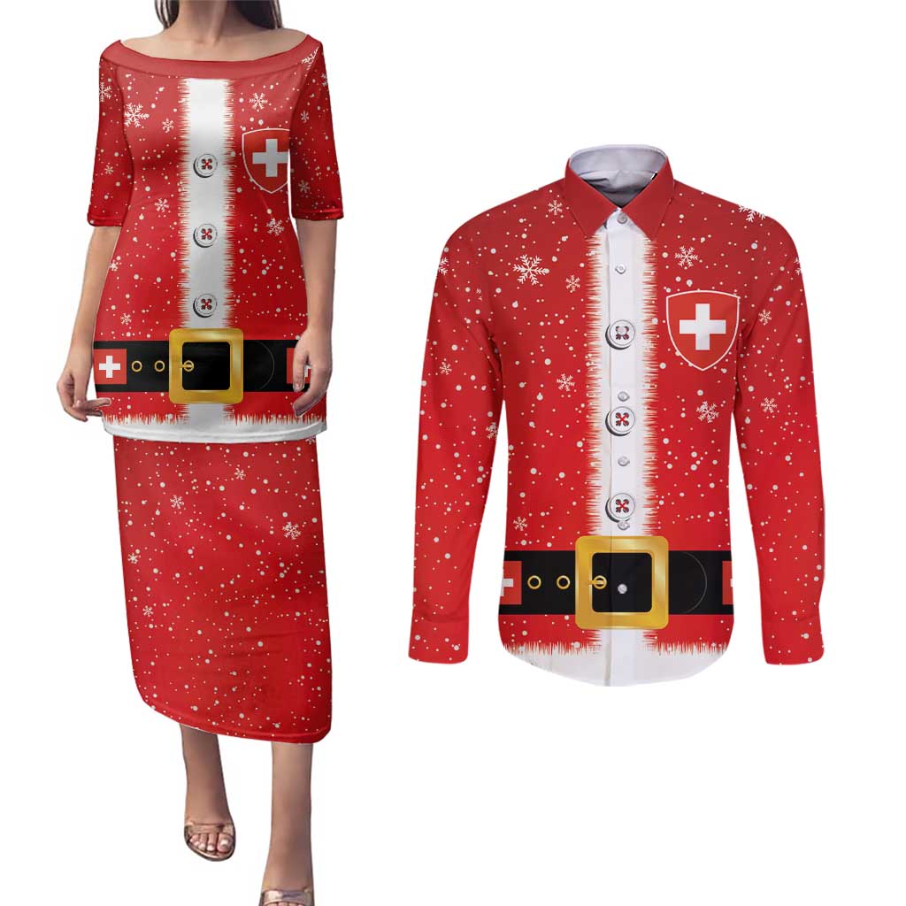 Personalized Swiss Christmas - Designed in Santa Suit Couples Matching Puletasi and Long Sleeve Button Shirt - Wonder Print Shop