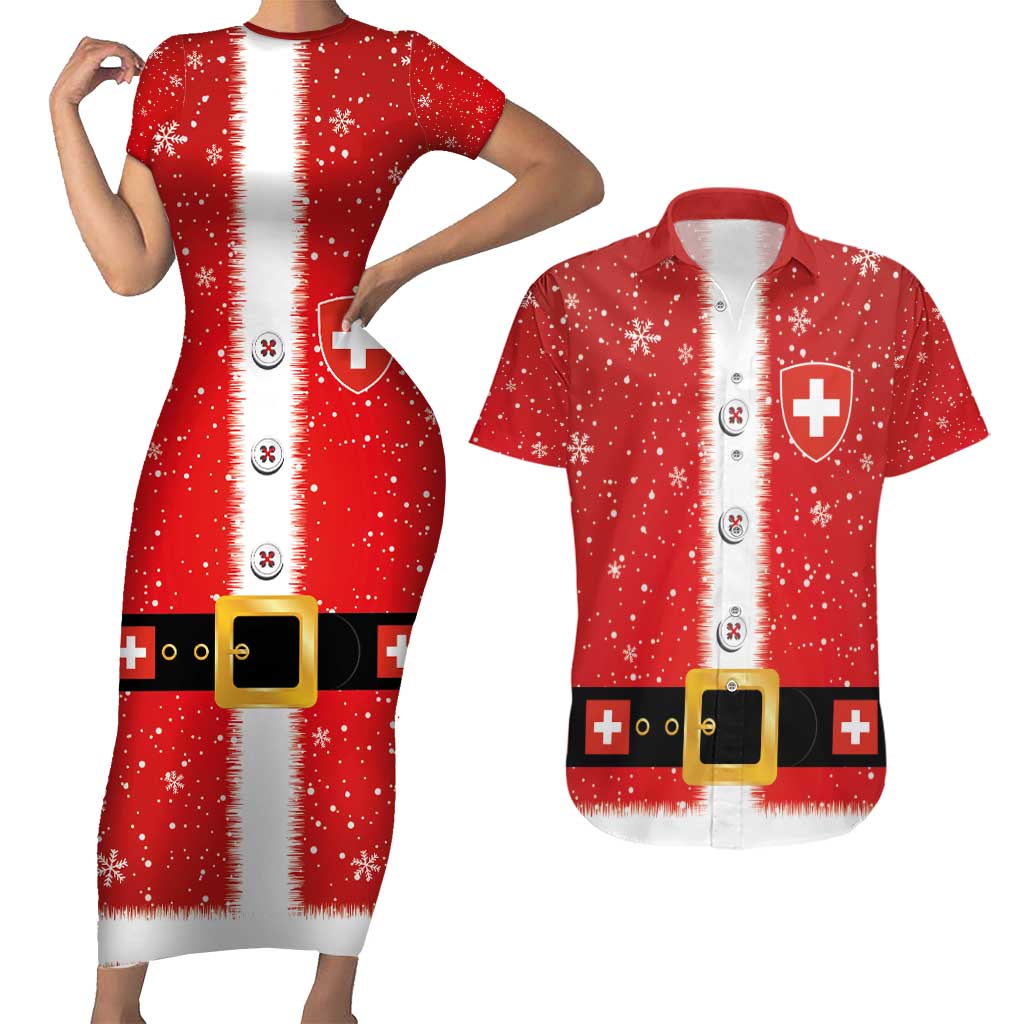 Personalized Swiss Christmas - Designed in Santa Suit Couples Matching Short Sleeve Bodycon Dress and Hawaiian Shirt - Wonder Print Shop