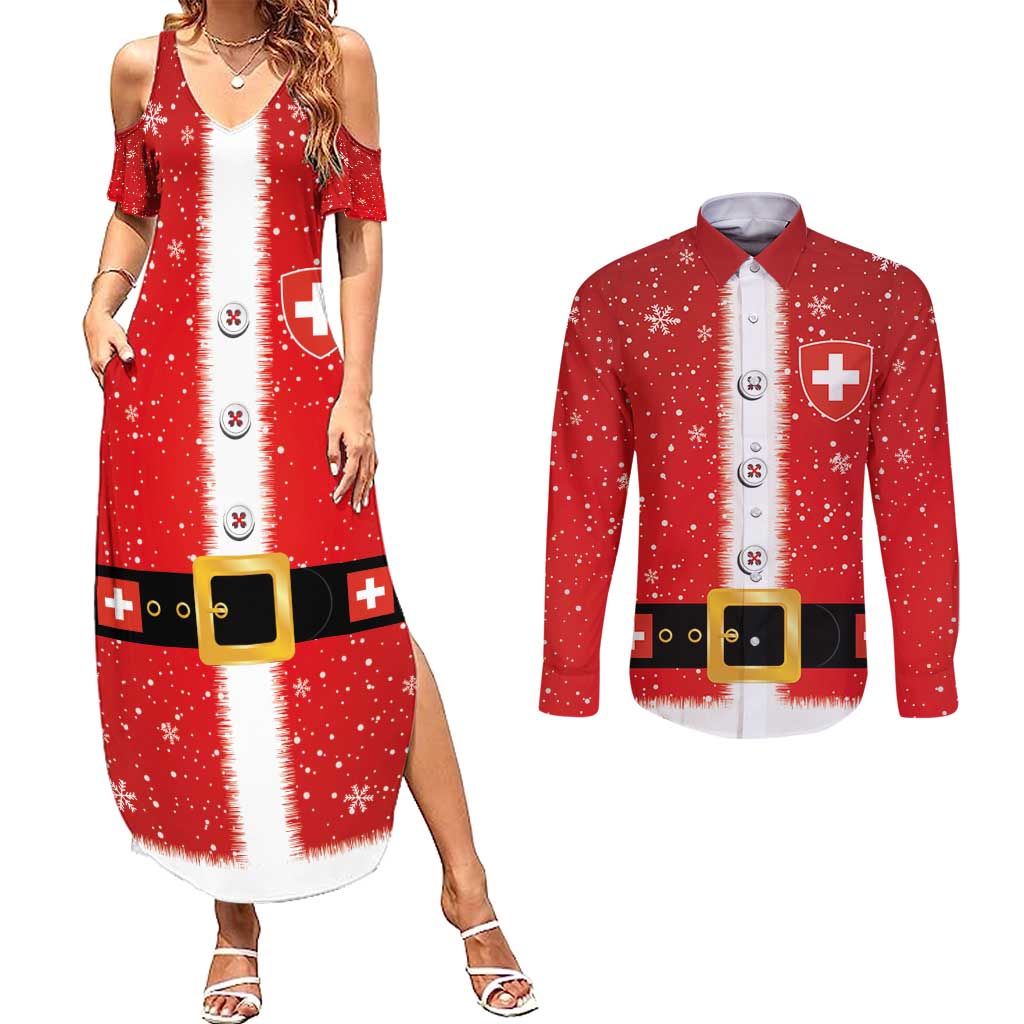 Personalized Swiss Christmas - Designed in Santa Suit Couples Matching Summer Maxi Dress and Long Sleeve Button Shirt - Wonder Print Shop