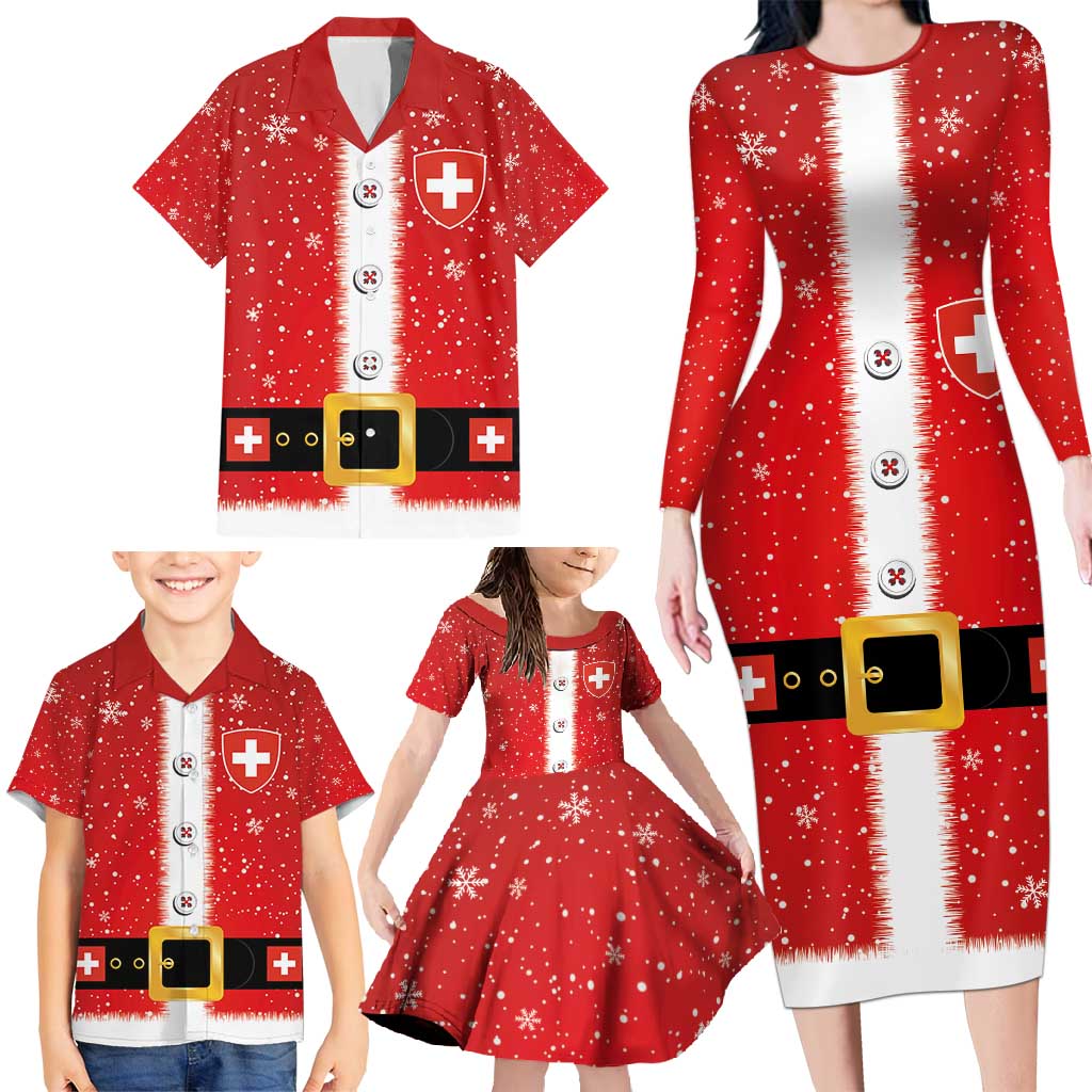 Personalized Swiss Christmas - Designed in Santa Suit Family Matching Long Sleeve Bodycon Dress and Hawaiian Shirt - Wonder Print Shop