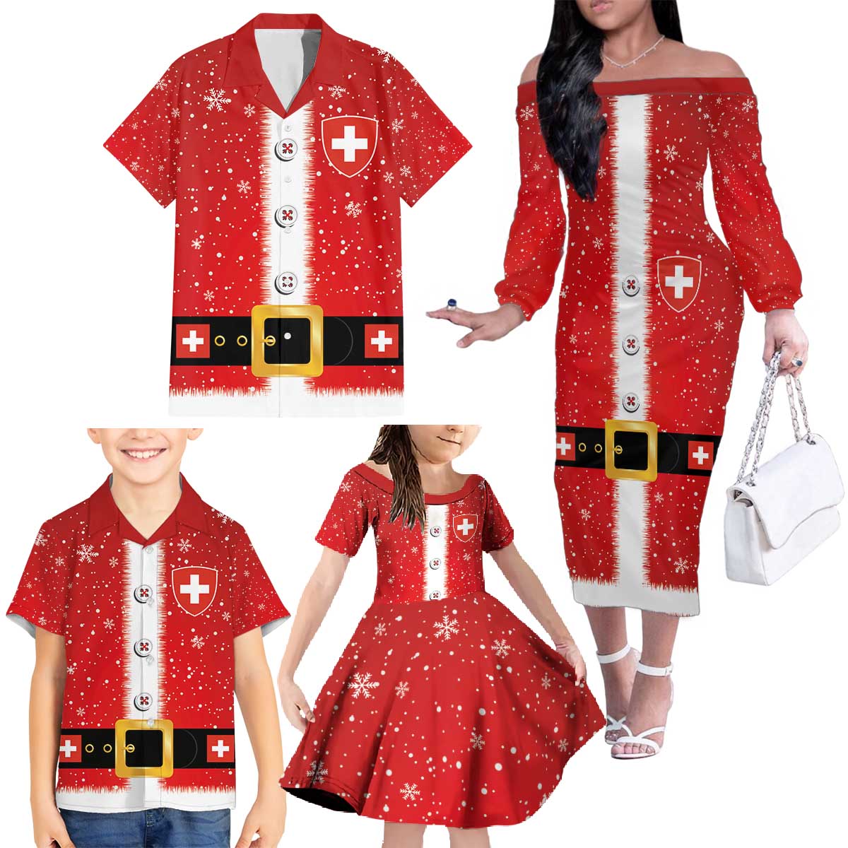 Personalized Swiss Christmas - Designed in Santa Suit Family Matching Off The Shoulder Long Sleeve Dress and Hawaiian Shirt - Wonder Print Shop