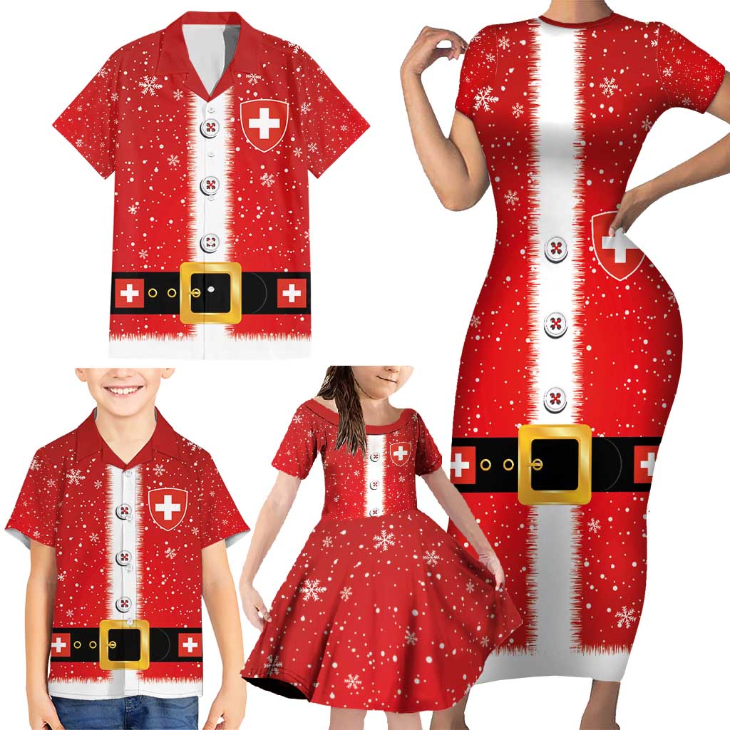 Personalized Swiss Christmas - Designed in Santa Suit Family Matching Short Sleeve Bodycon Dress and Hawaiian Shirt - Wonder Print Shop