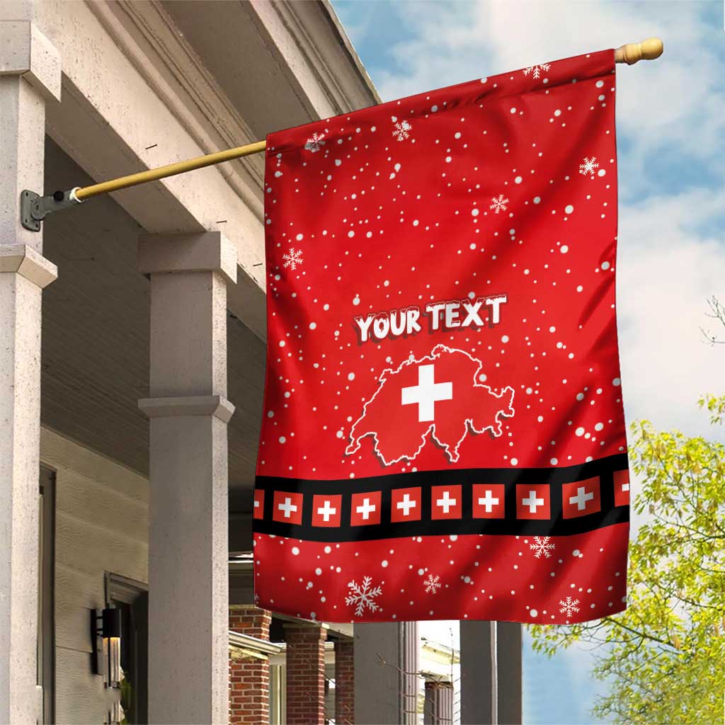Red personalized garden flag with Swiss cross map, snowflakes, and "YOUR TEXT".