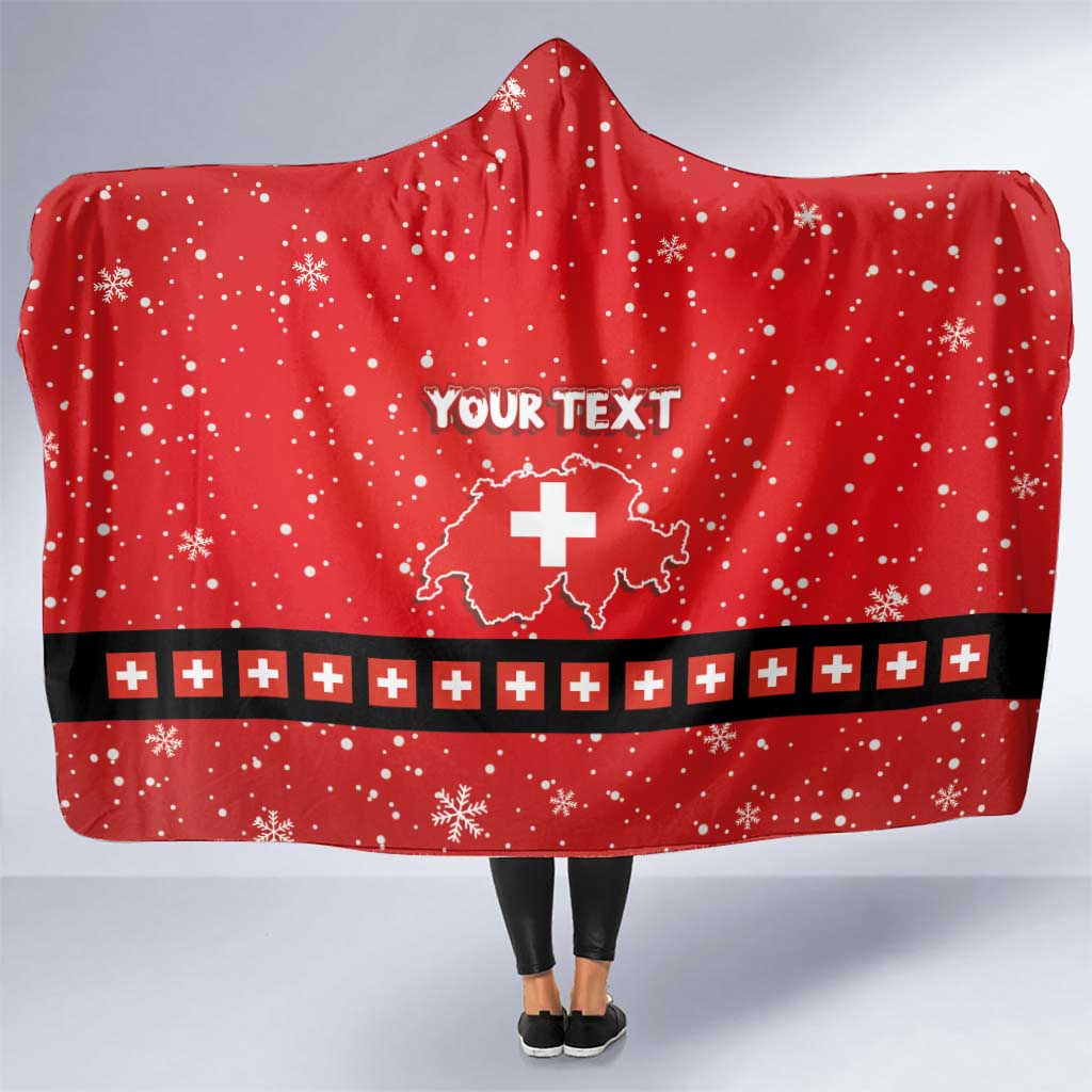 Red hooded Christmas blanket with snowflake pattern and cross band, front view