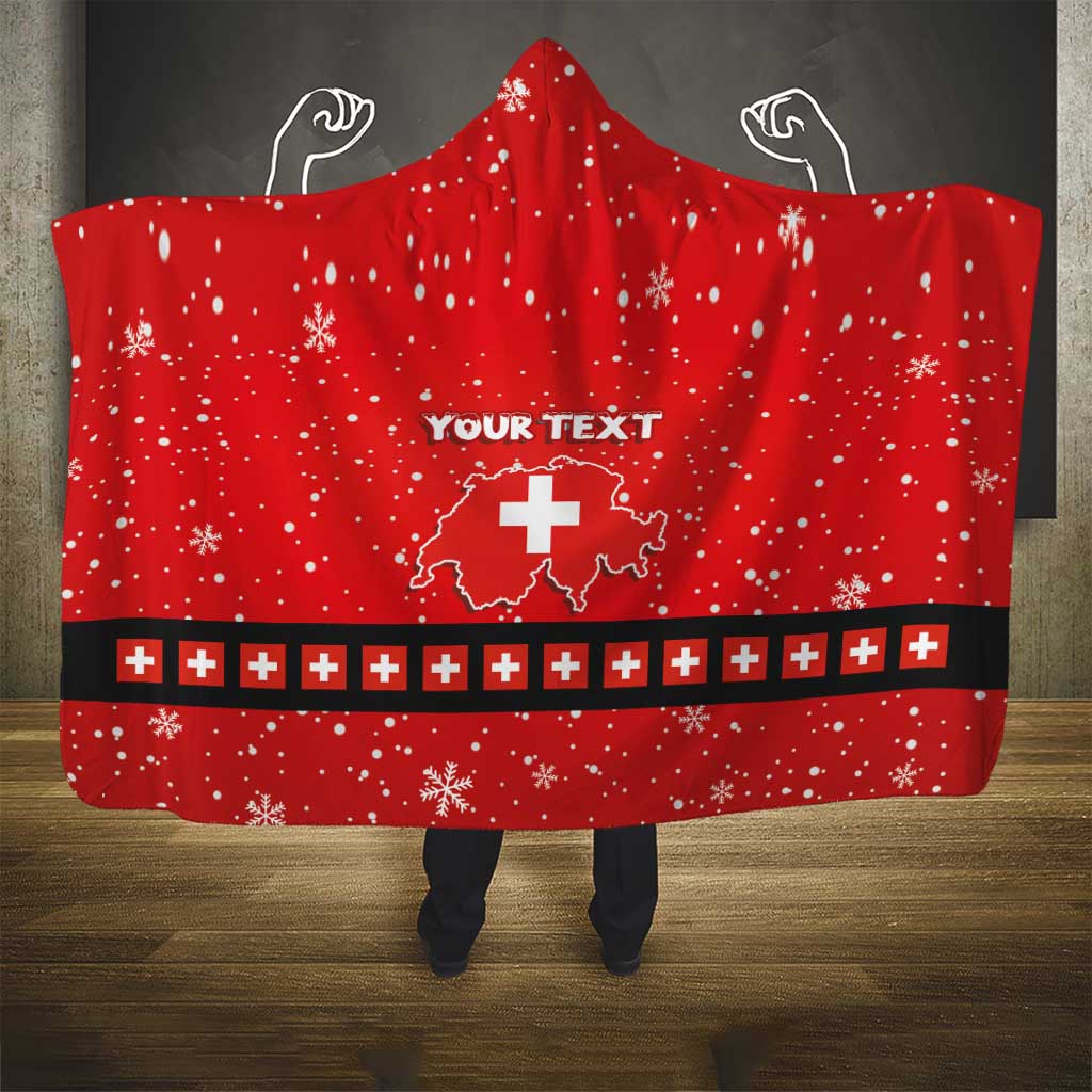Red hooded blanket with 'YOUR TEXT' and snowflake dots, cross belt stripe
