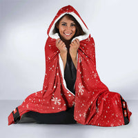 Red hooded throw blanket with white trim, worn with hood up and front smile