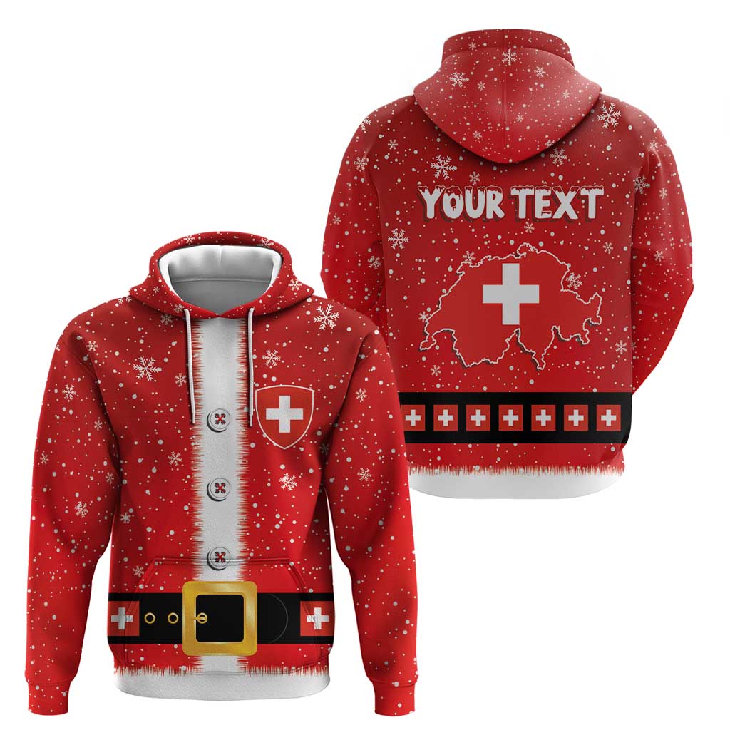 Red personalized Swiss hoodie shown front and back view with cross and snowflake pattern