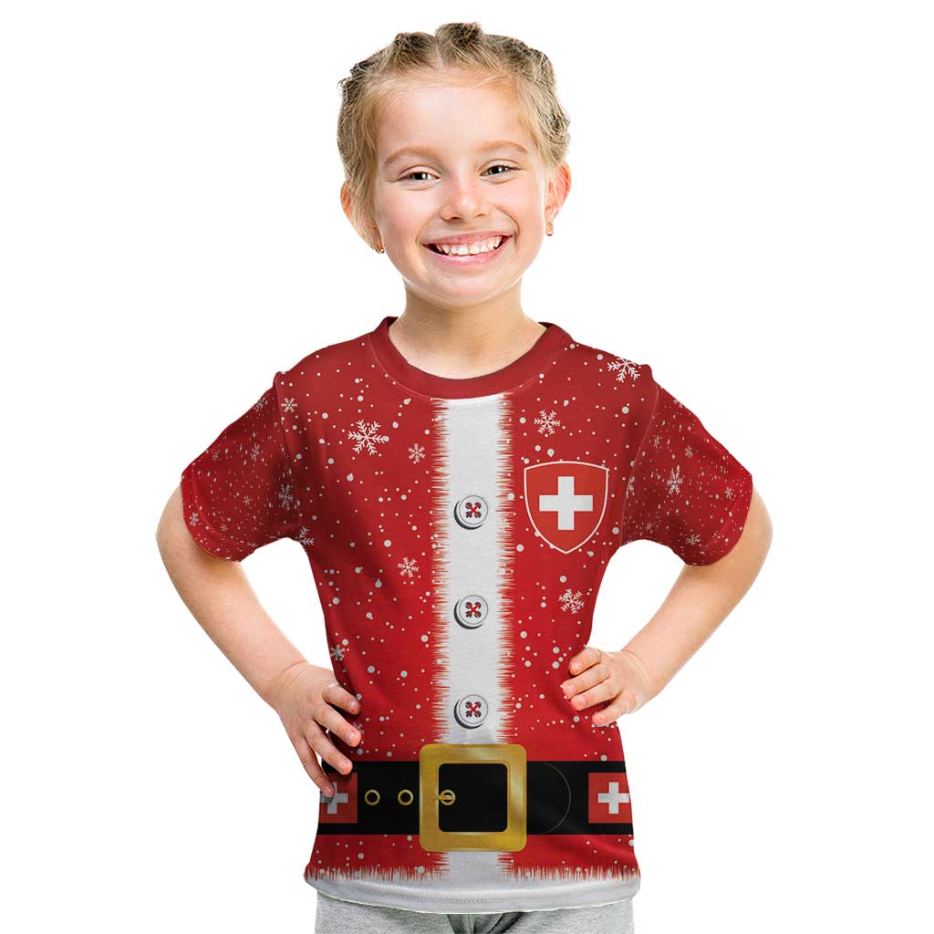 Kids red Swiss Christmas T-shirt with Santa suit front graphic and belt
