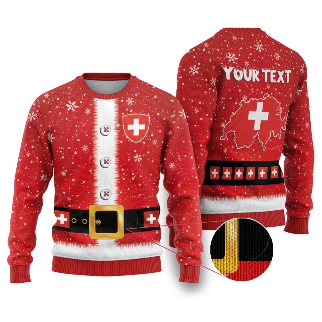 Red ugly Christmas sweater with Swiss cross, snowflakes, belt buckle graphic, front and back views