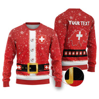 Red ugly Christmas sweater with Swiss cross, snowflakes, belt buckle graphic, front and back views