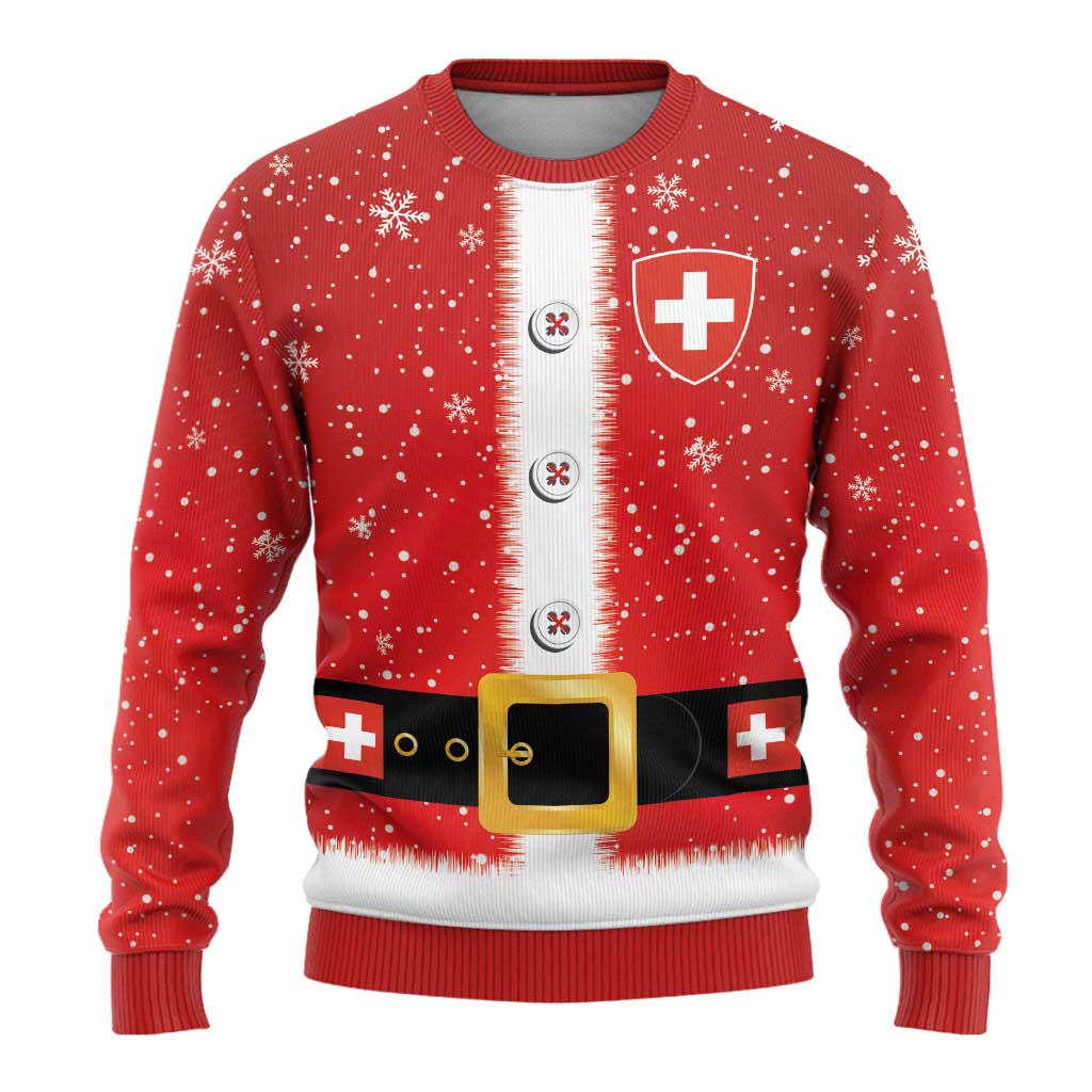 Red ugly Christmas sweater with white yoke, Swiss cross patch, belt buckle, snowflake print