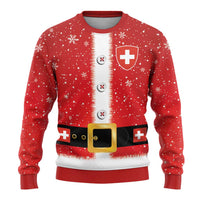 Red ugly Christmas sweater with white yoke, Swiss cross patch, belt buckle, snowflake print