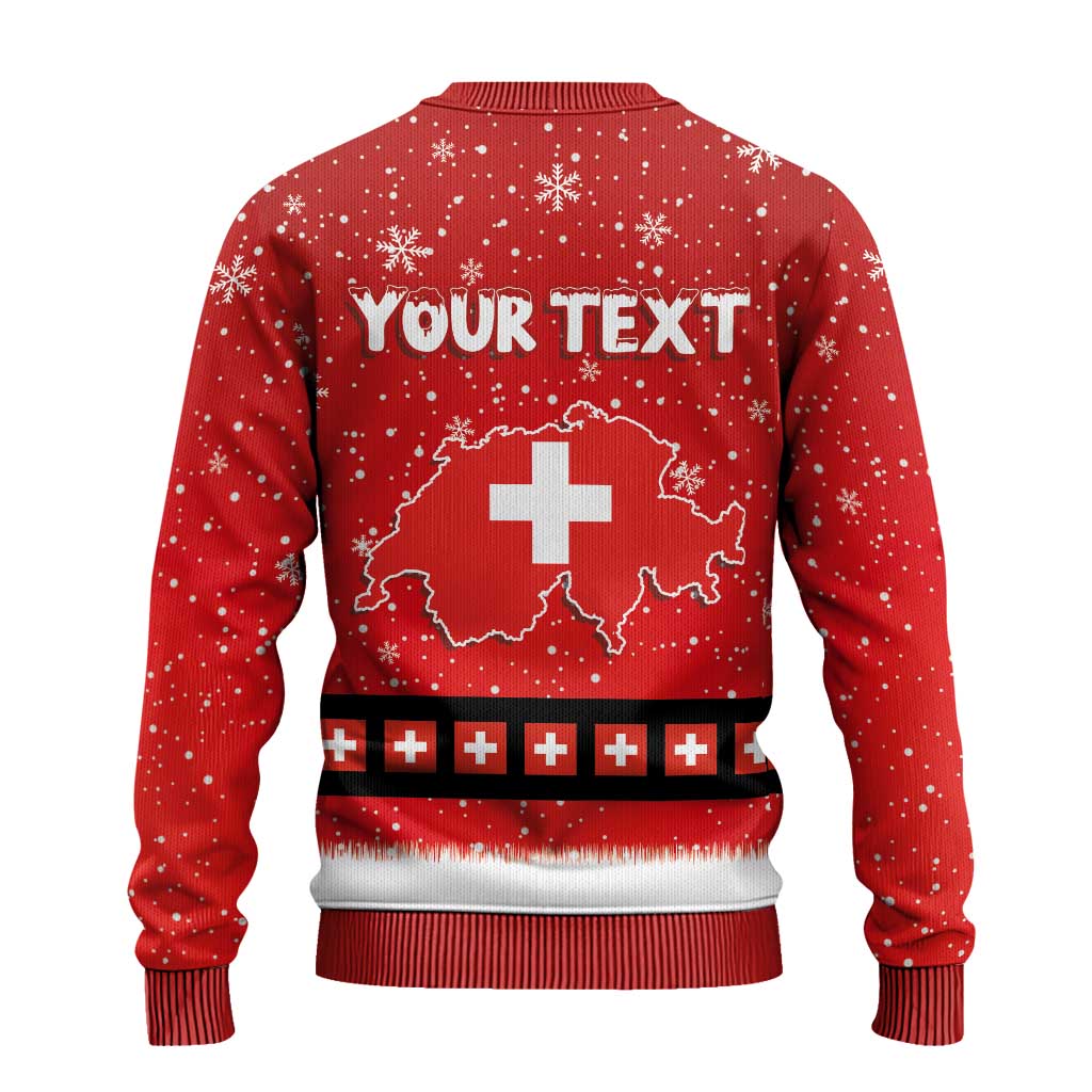 Red ugly Christmas sweater back design with “YOUR TEXT”, Swiss map and cross, belt stripe