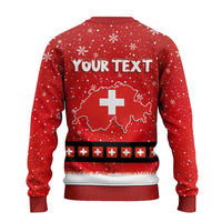 Red ugly Christmas sweater back design with “YOUR TEXT”, Swiss map and cross, belt stripe