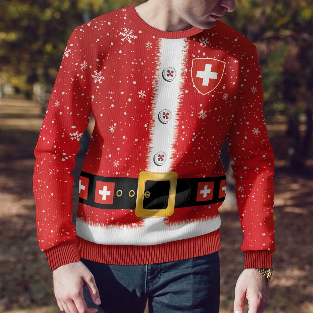 Red Swiss cross ugly Christmas sweater on model, close-up of button placket and belt graphic