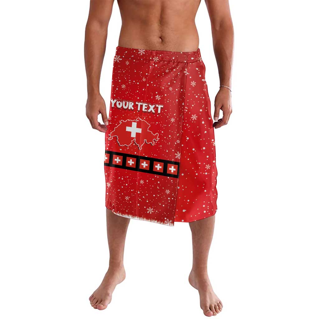Red personalized lava lava wrap skirt, snowflake print, 'YOUR TEXT' panel