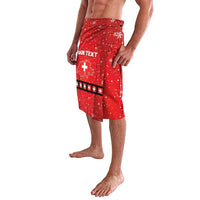 Red personalized lava lava wrap skirt with snowflake print and front 'YOUR TEXT'