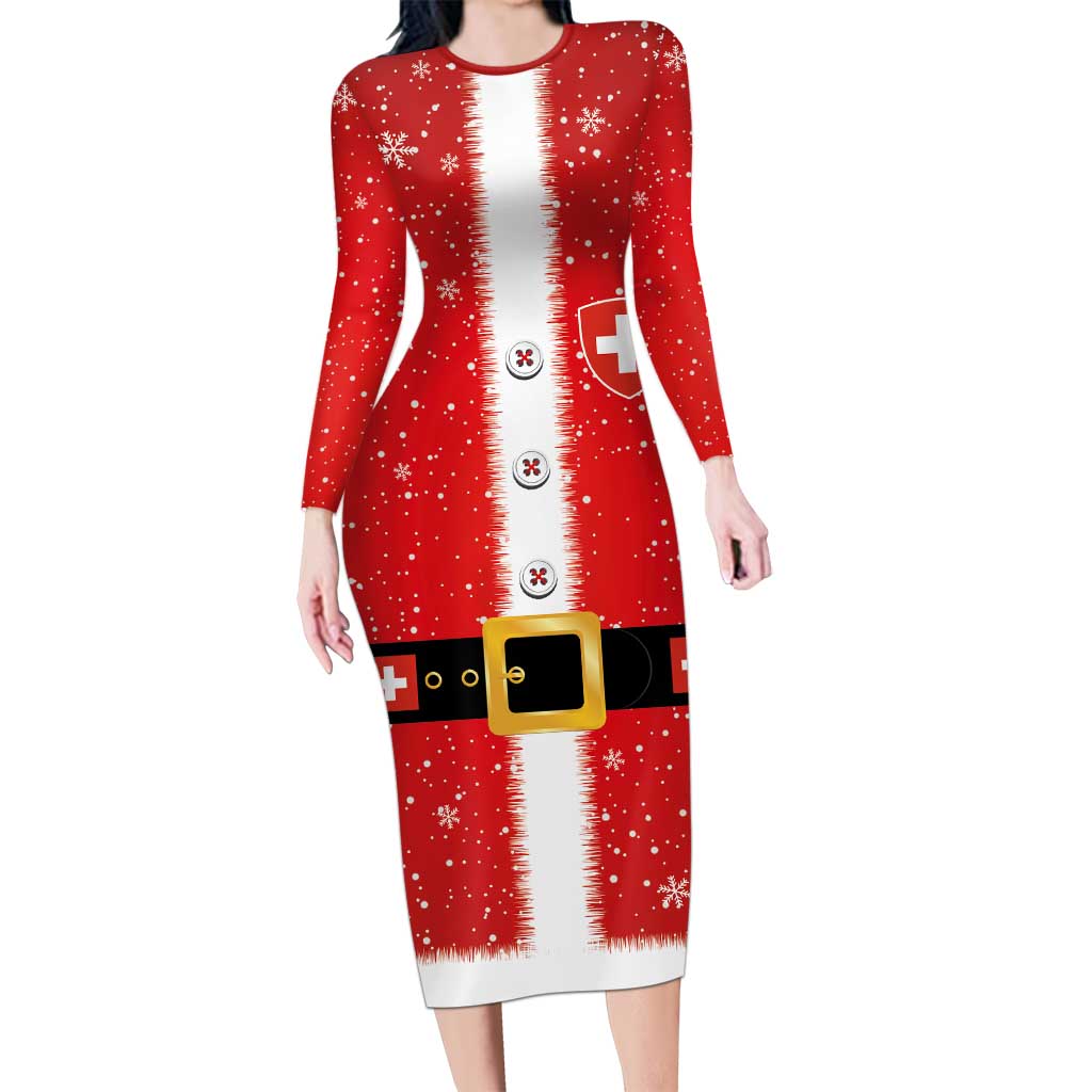 Personalized Swiss Christmas - Designed in Santa Suit Long Sleeve Bodycon Dress - Wonder Print Shop